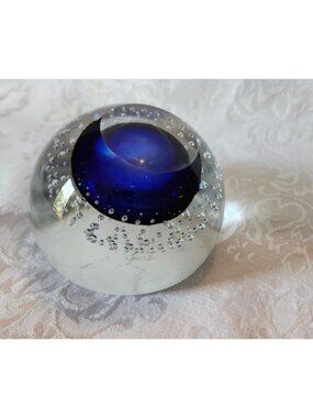 Vintage M. Pyrcak Crystal Paperweight Cobalt Center Controlled Bubbles Handmade
